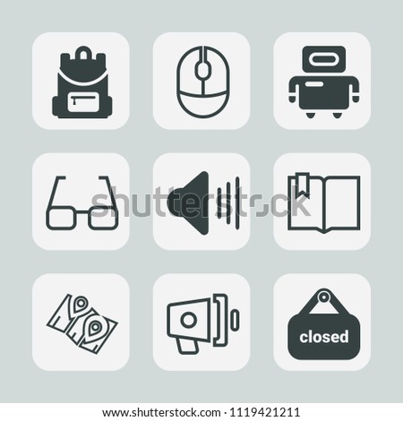 Premium set of outline, fill icons. Such as cyborg, shop, school, location, robot, click, travel, device, store, book, eyeglasses, input, internet, road, bag, banner, map, science, optical, audio, up