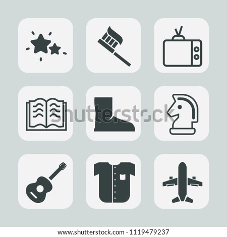 Premium set of outline, fill icons. Such as care, clothing, chessboard, horse, airplane, toothpaste, galaxy, brush, musical, paper, travel, music, plane, page, book, screen, television, sky, new, blue