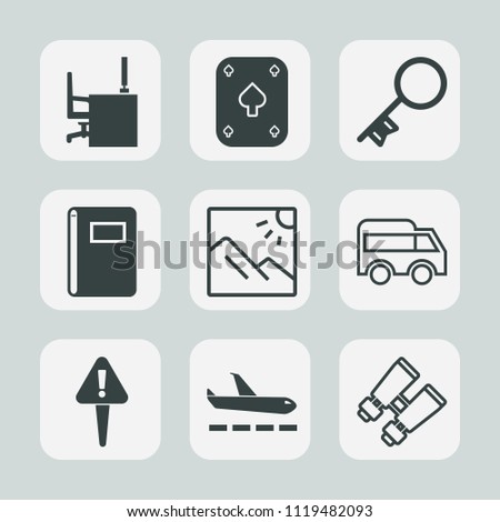 Premium set of outline, fill icons. Such as move, office, casino, black, watch, page, bus, travel, highway, mark, book, top, vision, photography, work, exclamation, direction, table, white, house, spy
