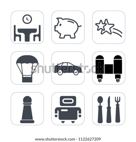 Premium outline, fill icons set on white background . Such as left, game, balloon, craft, economy, rocket, strategy, money, happy, space, futuristic, dinner, shiny, hot, air, move, banking, direction