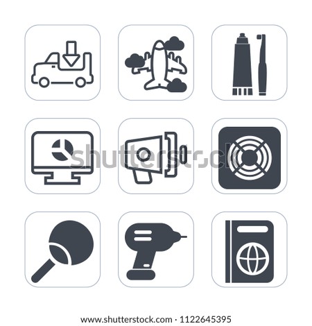 Premium outline, fill icons set on white background . Such as leisure, aircraft, document, trailer, truck, ping, transportation, infographic, table, delivery, megaphone, template, platform, aviation