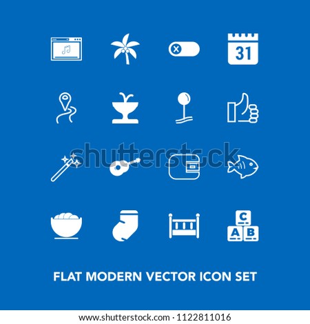 Modern, simple vector icon set on blue background with sea, clothes, nature, musical, wand, leaf, bed, empty, music, home, winter, finance, fish, switch, cradle, deactivate, magician, socks, off icons