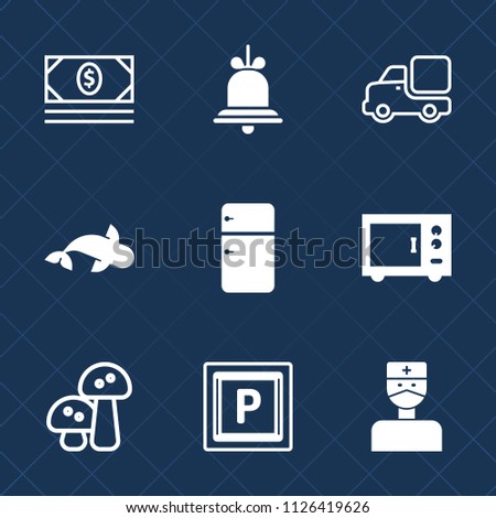 Premium set of outline, fill vector icons. Such as medical, lorry, notification, finance, food, doctor, microwave, cash, vehicle, call, street, nature, bell, concept, fridge, truck, oven, mushroom
