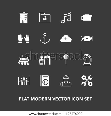 Modern, simple vector icon set on dark background with ocean, industrial, tool, restaurant, horse, service, file, strategy, worker, coffee, scan, document, drop, security, safety, game, passport icons