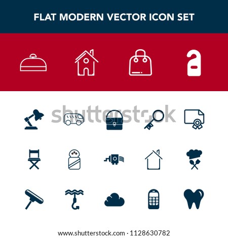 Modern, simple vector icon set with white, building, hotel, award, direction, move, buy, label, left, security, diploma, cheese, grater, frame, salt, bus, food, lamp, door, sale, fashion, home icons