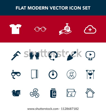 Modern, simple vector icon set with sack, fashion, video, media, shovel, music, service, new, sport, shirt, eyeglasses, tool, switch, scuba, bag, business, money, book, clothing, eye, glove, off icons