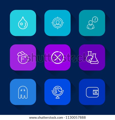 Modern, simple vector icon set on colorful long shadow backgrounds with clock, technology, map, concept, fahrenheit, droplet, sign, wet, medicine, scary, business, purse, globe, liquid, group icons.