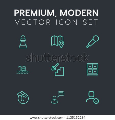 Modern, simple vector icon set on dark grey background with bank, navigation, person, account, chess, map, game, music, play, summer, up, user, chessboard, karaoke, challenge, safe, piece, blue icons