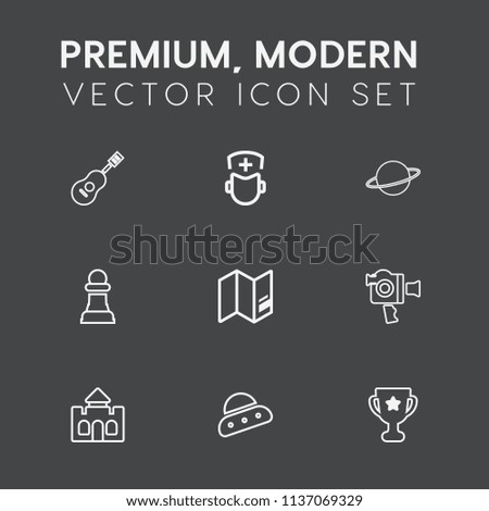 Modern, simple vector icon set on dark grey background with planet, musical, architecture, instrument, building, guitar, sound, film, music, chess, first, achievement, strategy, medical, concert icons