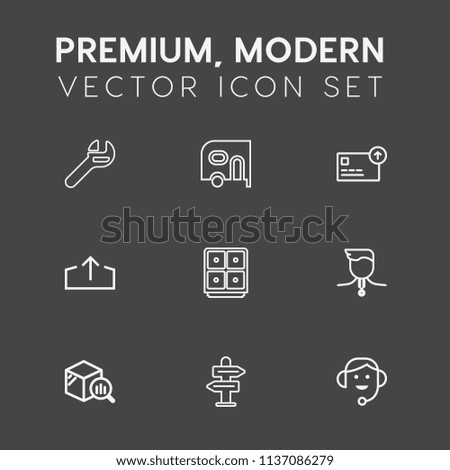 Modern, simple vector icon set on dark grey background with statistic, success, bank, office, call, competition, coin, gold, headset, repair, arrow, transportation, report, finance, internet icons