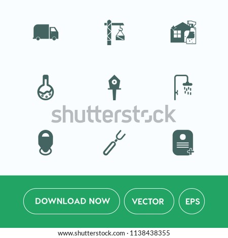 Modern, simple vector icon set on white background with construction, birdhouse, delivery, cleaner, sign, building, dinner, nest, collection, fork, knife, lab, spring, shower, housework, spray icons