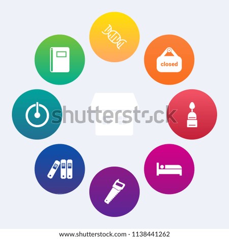 Modern, simple vector icon set on colorful circle backgrounds with textbook, real, closed, medical, off, office, saw, architecture, power, business, sign, book, dna, file, dessert, graphic, home icons