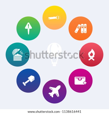 Modern, simple vector icon set on colorful circle backgrounds with add, office, construction, sport, extreme, parachute, caution, air, hazard, travel, energy, exclamation, restaurant, hot, file icons