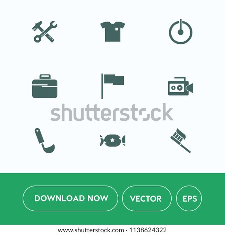 Modern, simple vector icon set on white background with camera, clothes, flag, ladle, energy, construction, repair, spanner, sweet, button, new, male, soup, off, white, bag, cooking, health icons