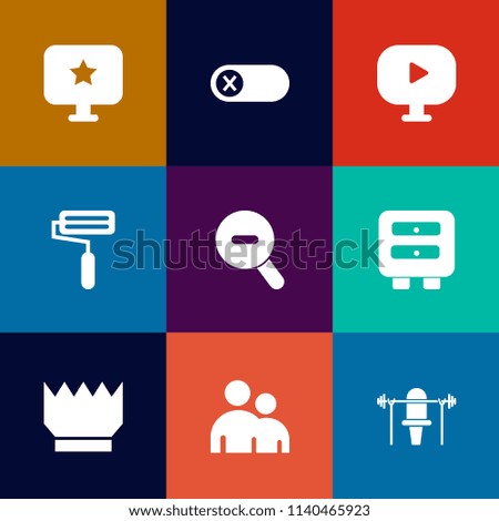Modern, simple vector icon set on colorful flat backgrounds with people, minimal, graphic, sport, fitness, control, play, deactivate, drawer, media, office, furniture, star, person, electric icons