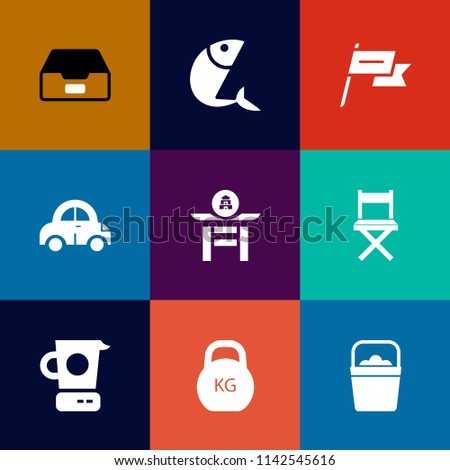 Modern, simple vector icon set on colorful flat backgrounds with bucket, information, weight, office, fish, car, patriotism, fresh, state, seat, object, kitchen, vehicle, handle, nation, waving icons