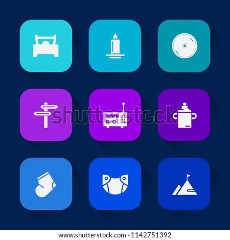 Modern, simple vector icon set on colorful long shadow backgrounds with milk, food, sound, candle, glowing, decoration, celebration, media, technology, transportation, infant, newborn, compact icons.