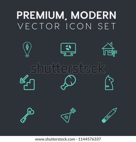 Modern, simple vector icon set on dark grey background with office, musical, template, banner, estate, information, chess, chessboard, meal, navigation, string, stationery, security, pen, music icons