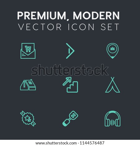 Modern, simple vector icon set on dark grey background with web, adventure, utensil, down, price, next, list, camp, right, job, shop, tent, bill, travel, window, ribbon, location, decorative, up icons