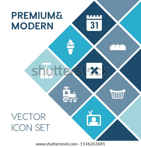 Modern, simple vector icon set on blue colorful background with sign, schedule, food, car, vanilla, transportation, event, cream, crate, technology, tv, box, nature, store, basket, cone, day icons