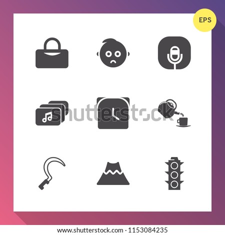 Modern, simple vector icon set on gradient background with microphone, little, travel, bag, baby, record, volcano, file, audio, landscape, lamp, minute, face, watch, cup, green, crater, sport icons