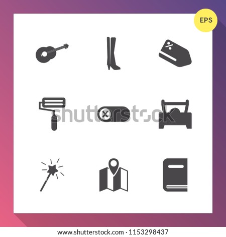 Modern, simple vector icon set on gradient background with library, price, sport, road, silhouette, discount, off, sale, footwear, tag, guitar, paint, car, power, tool, music, sign, switch, wand icons