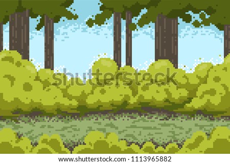 Pixel background with forest and bushes for games and mobile applications. Seamless when docking horizontally.