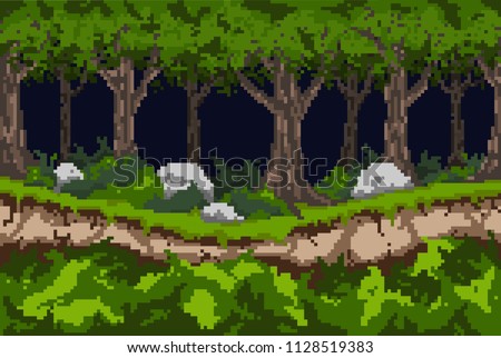 Pixel background with a dark forest, a path along the ravine and thickets of bushes with stones. For games and mobile applications. Seamless when docking horizontally.