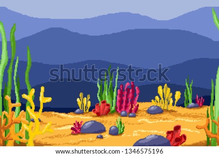 Pixel art background for games and mobile applications. Underwater world with algae and corals. Sea bottom. Docked horizontally.