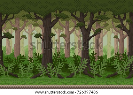 Pixel background with forest for games and mobile applications. Seamless when docking horizontally.