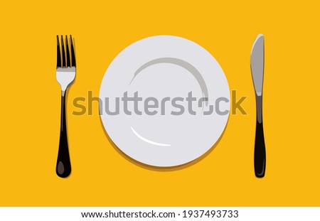 Empty dinner white plate, knife and fork on yellow background. Isolated vector objects collection. Illustration.