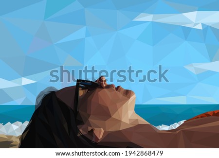Profile of a young tanned girl in glasses against a background of blue sky and sea. The concept of beach vacation, vacation and relaxation at sunset. Vector illustration, polygonal portrait. Eps 10.