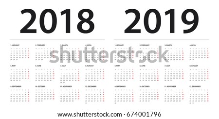 Simple calendar Layout for 2018 and 2019 years. Week starts from Monday.