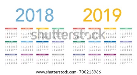 Simple calendar Layout for 2018 and 2019 years. Week starts from Sunday. 商業照片 © 