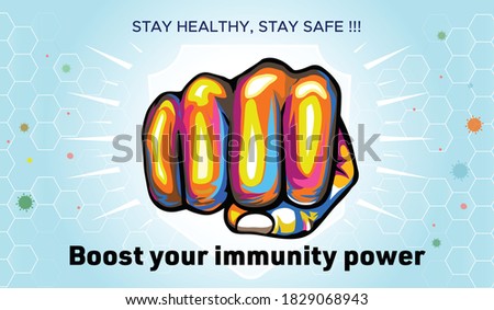 enhance Immunity. covid 19 corona virus pandemic and boost your Immune Power, Strong immunity booster concept, against pandemic and plus icon with hand punch, concept idea