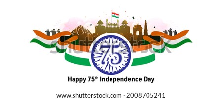 Independence day India celebration. 15th August red fort background with 75 years journey of freedom concept and tricolour Indian flag vector illustration