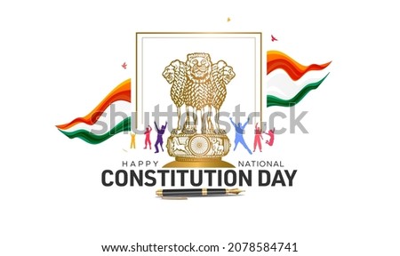 vector illustration of Indian constitution day celebration.People celebrating with tricolor flag Ashoka Chakra and democracy Low book poster design