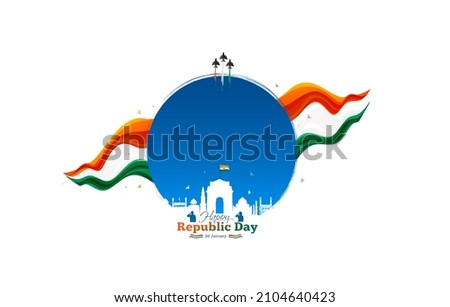 Republic Day of India celebration creative concept. Wavy tricolor flag, fighter jet and india get background. Template banner design