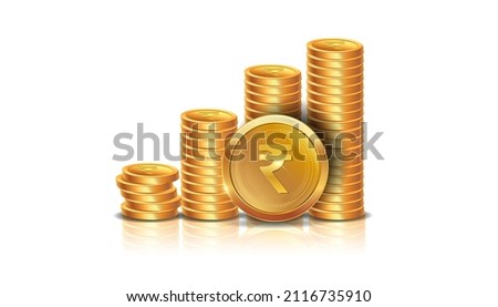 vector theme of Indian rupee golden coins money wealth stacked growth digital currency. Isolated on white background