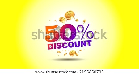 50% discount sale banner offer text concept with indian rupee money and coins. vector illustration