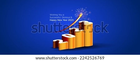 Greeting of Happy New Year 2023. Wishing for successful business and life. Happy new year 2023 3d numbers with upward stairs steps and growth on blue background.