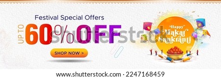 Makar Sankranti Festival and Sale banner, special offers, discount, deals, template Concept design. Sky and Kite flying with 60% off typography. Vector file.