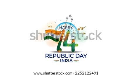 Vector illustration for 74 Republic day of India. Happy 74th Republic day India text with Indian tricolor flag and Fighter jet parade.
