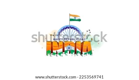 Indian Republic day parade background. Happy Republic day of India 3D text with army soldier fighter jet and Tricolor flag.