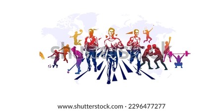 Sports, Athletics players backgraund. World Athletics Day concept. Sports day celebration. Collection of various sports players and activities. vector illustration