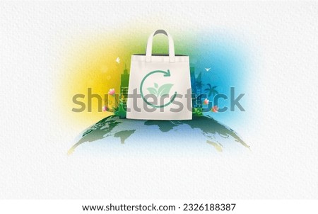 Paper Bag Day concept. International Plastic Bag Free day or Stop plastic bags use. Say no to plastic bags. Shopping paper bag with world map earth background.