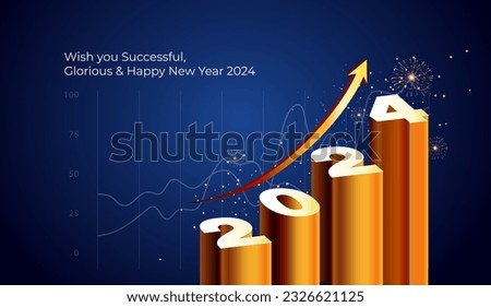 Happy New Year 2024 text 3d Vector illustration. Concept for successful finance, business and goals. Upward growth chart on blue background. Brochure and annual report template.
