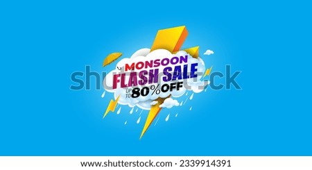 Vector illustration of Monsoon flash Sale up to 80% off typography. Banner and logo design with Raining clouds, umbrella and thunder. Promotional advertising marketing concept.