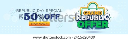 50% off Shopping advertising promotional sales, offer, deal, discount website banner and logo design. Republic Day of India. Indian tricolor flag with Grand Republic offer 3d text.