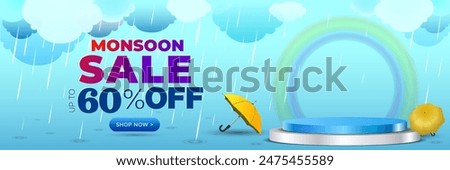 Background of Rain, monsoon clouds, umbrella, rainbow, sky and podium. Monsoon Sale banner deal discount offer or website advertising.